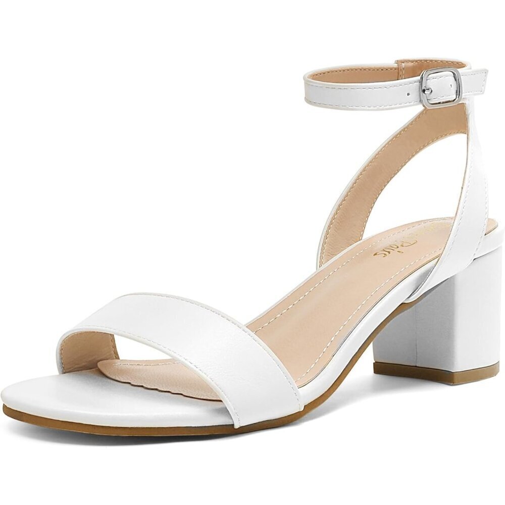 Dream Pairs Womens White/Pu Faux Suede Rounded Toe Ankle Strap Heeled Sandal